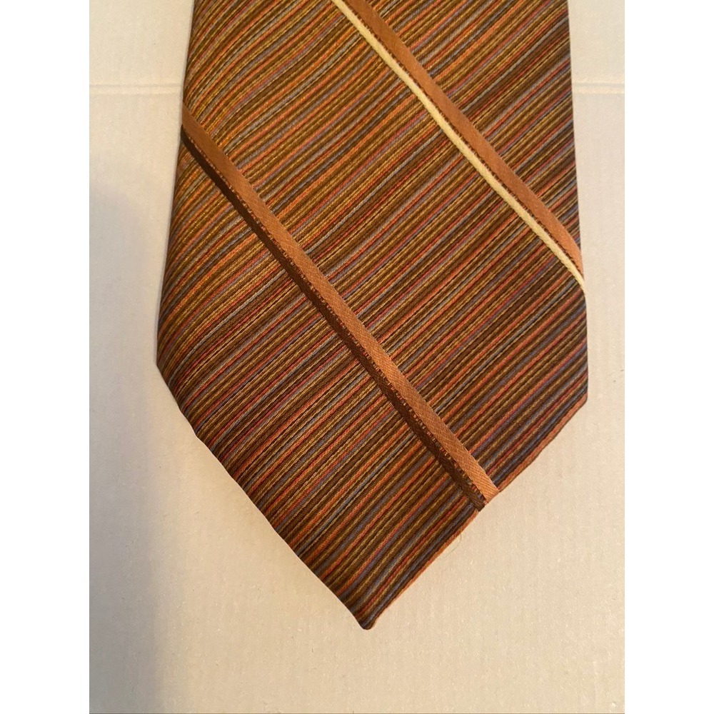 Vintage Mens Brown Striped Necktie 70s Retro Geometric Earth Tone Polyester Tie‎